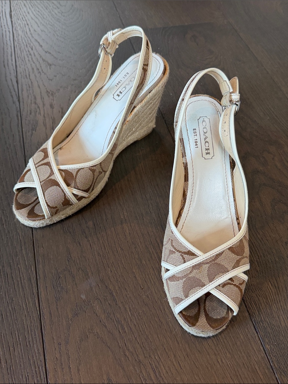 Coach Tan Signature Canvas Espadrille Wedge Sandals